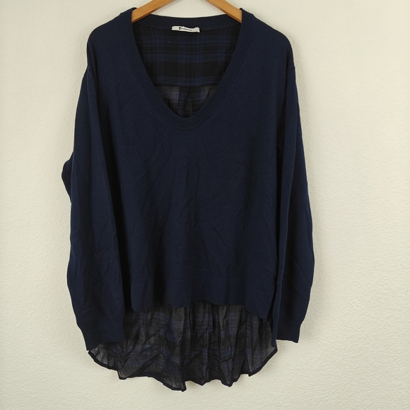 T By Alexander Wang Contrast Hi Low Hem Merino Wool Plaid V-neck Sweater M - Picture 6 of 16